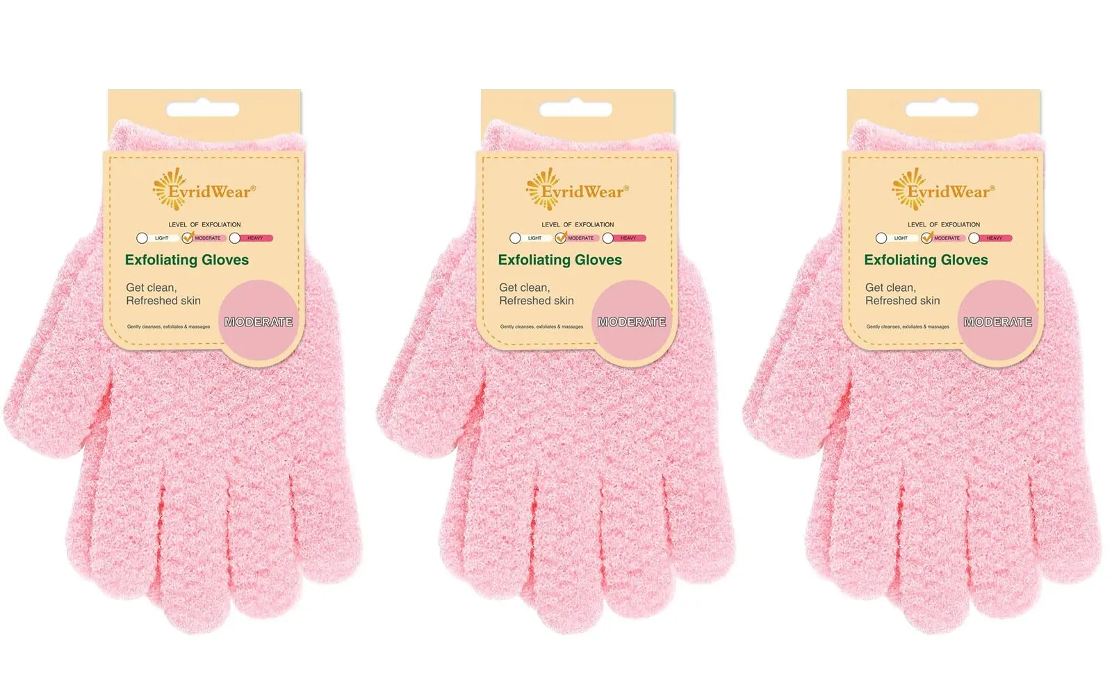 Evridwear Exfoliating Gloves for Shower, 100% Nylon Thick Soft Medium Heavy Bathing Gloves Dead Skin Remover Body Scrubber Smooth Skin with Hang Loop, 3 Pairs Moderate Pink