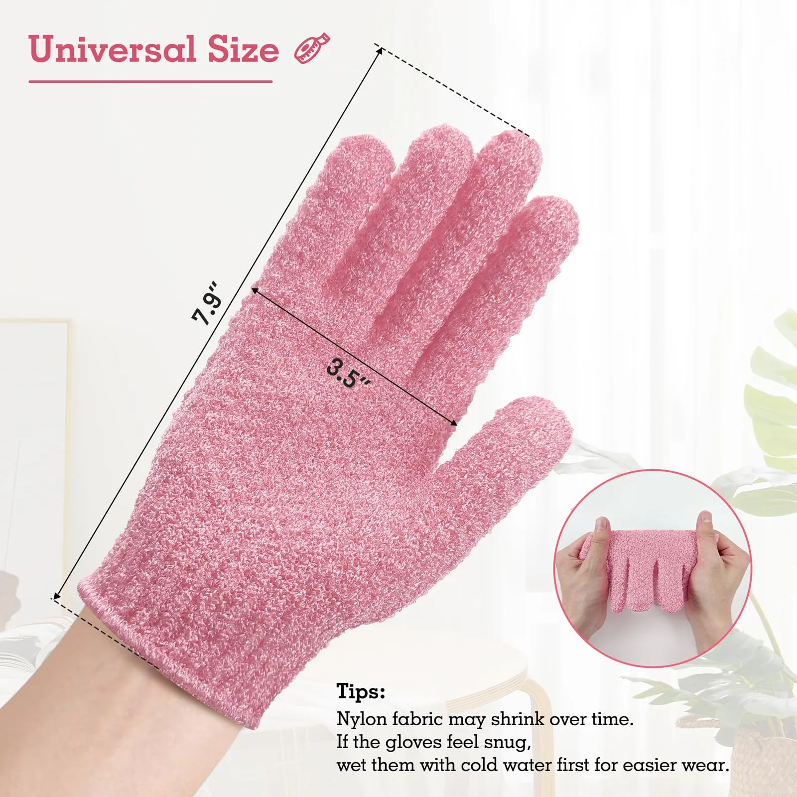 Evridwear Exfoliating Gloves for Shower, 100% Nylon Thick Soft Medium Heavy Bathing Gloves Dead Skin Remover Body Scrubber Smooth Skin with Hang Loop, 3 Pairs Moderate Pink