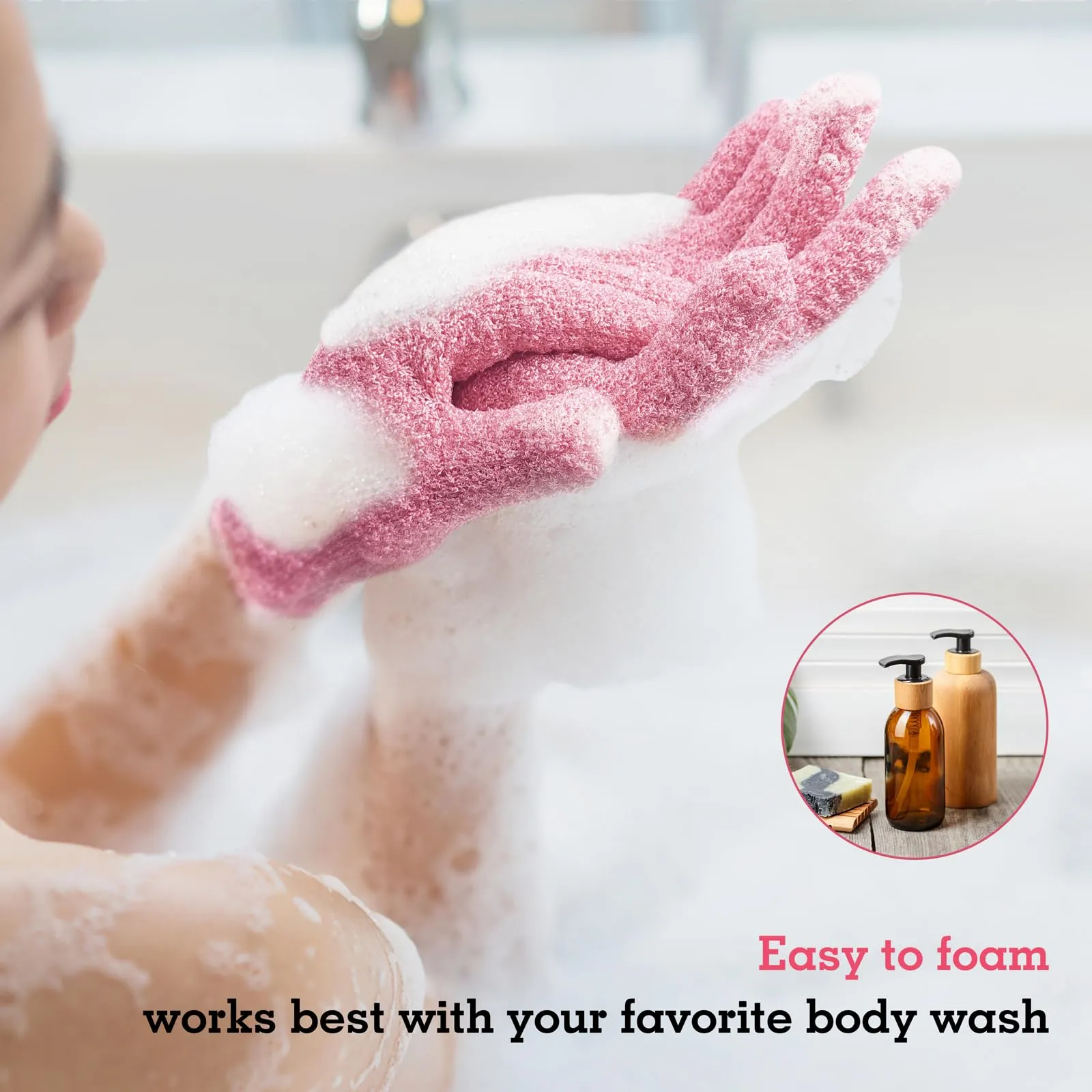 Evridwear Exfoliating Gloves for Shower, 100% Nylon Thick Soft Medium Heavy Bathing Gloves Dead Skin Remover Body Scrubber Smooth Skin with Hang Loop, 3 Pairs Moderate Pink